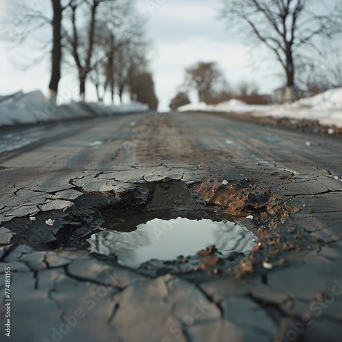 Road with a pothole an unexpected pitfall that tells a story of wear weather and the weight of the world photo