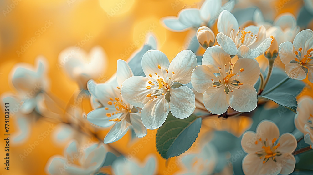 Close-up image of a delicate spring blossom, Delicate white blossoms set against a vibrant yellow backdrop, highlighting their intricate details