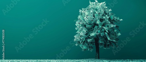 A tree made of dollar bills stands tall on a teal background photo
