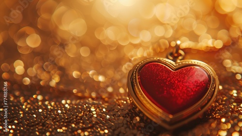 A red heart-shaped pendant on a glittery golden background with warm bokeh effect