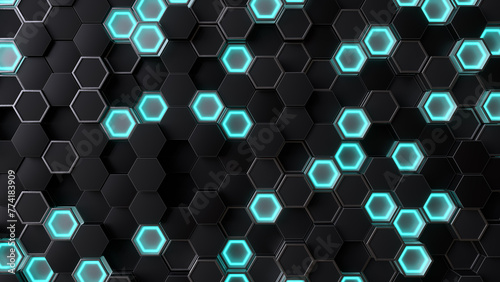 Abstract technology background with hexagons glowing. 3d render illustration