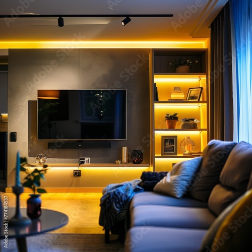 Cozy smart home interior, IoT devices seamlessly integrated for comfort and efficiency