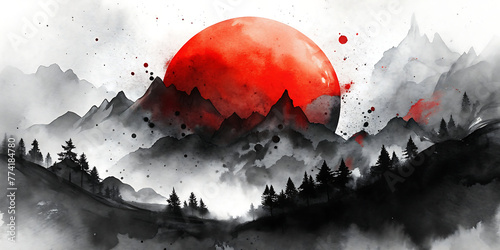 red sun with black and white background