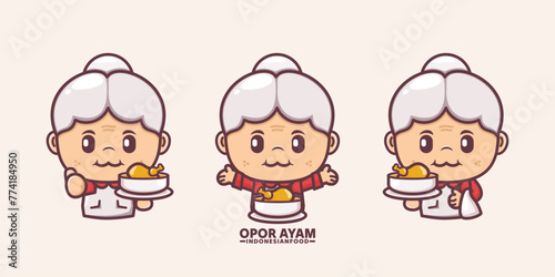 cute grandma cartoon with opor ayam indonesian traditional food photo