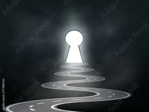 Wnding road leads to a keyhole with light. On a dark background. Stock vector illustration