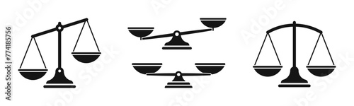 Justice scales. Scales icon set. Weight scales. Libra icon. Scales silhouettes