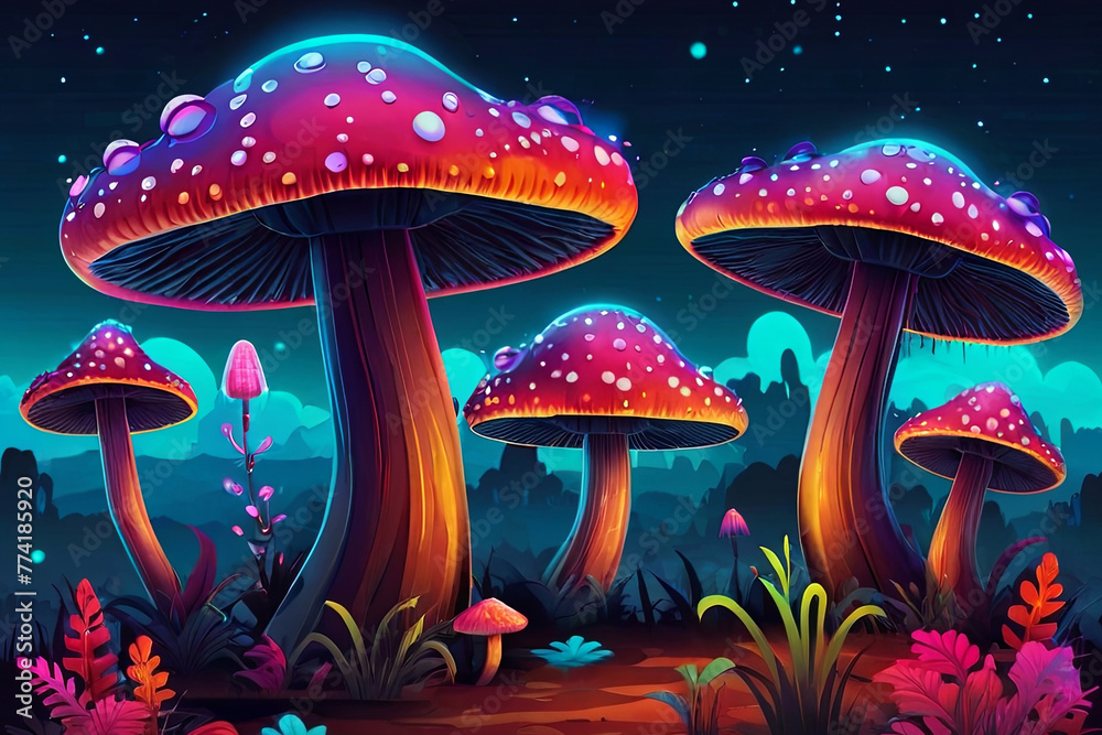 Dive into a fantasy landscape featuring isolated vector-style illustration of neon mushrooms, adding an otherworldly allure to your designs