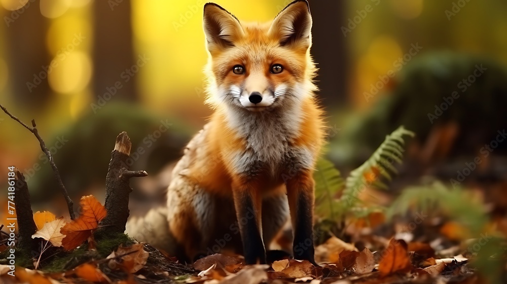 Naklejka premium Cute red fox in the forest. Wildlife concept.