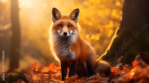 Cute red fox in the forest. Wildlife concept. 