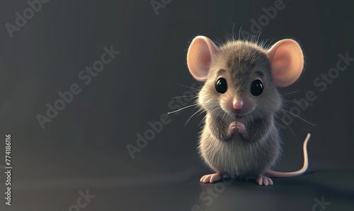 Adorable illustrated mouse with big eyes and ears standing in a dimly lit environment looking curious and cute