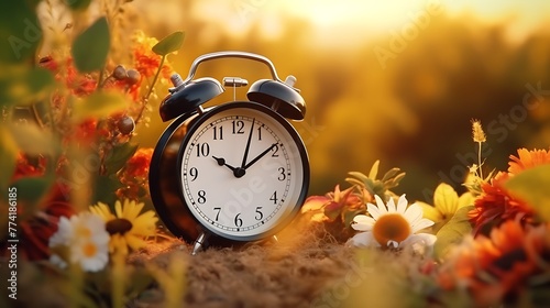 clock in on grass .autumn background. 