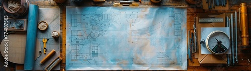 Blueprint spread out on a drafting table, surrounded by various drafting tools and material samples photo