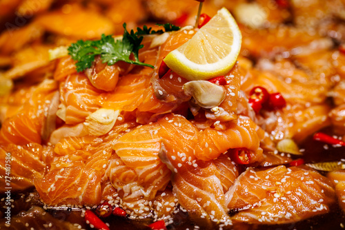 marinated salmon in spicy soy sauce in street food market