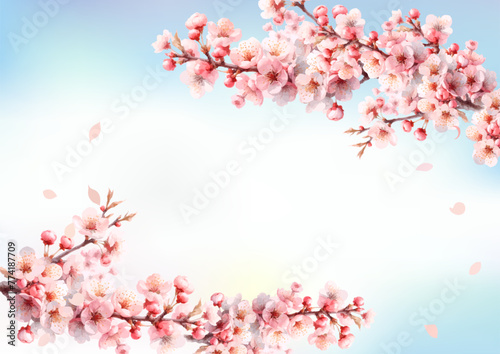桜の木と舞う桜の花びらの水彩背景