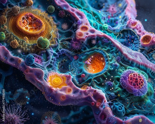 Zooming into a cell, revealing a bustling world of mitochondria, ribosomes, and nucleus photo