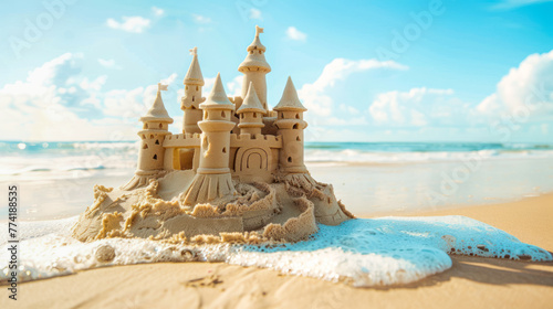 fairy sand castle on a beautiful beach on sunny day. Summer vacation, holidays, travel, dream concept. waves washing away sand castle on the sea beach