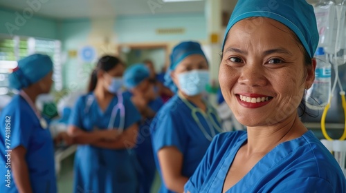 Women's day, A smiling healthcare team, including a doctor and nurse, in a hospital setting, providing professional and compassionate care to patients