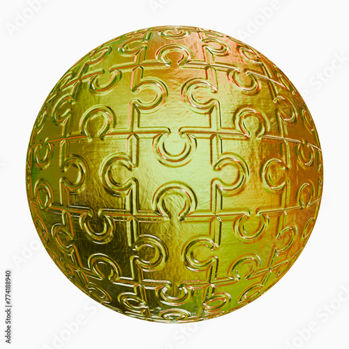 Golden spherical surface texture jigsaw puzzle isolated on white background.  