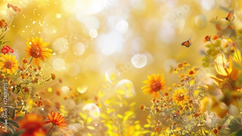 Floral background. Amazing background with daisies and sunflowers. Yellow and red flowers on a white blank. Floral nature card. Flower and butterfly bokeh. © Naeem