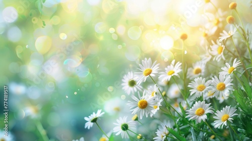Fresh chamomile, spring background. Fresh daisies in the sun on a blurred background