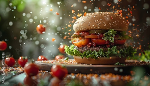food flying around hamburger with ingredients, hyper realistic photography in the style of hyper realistic photography. Generative AI
