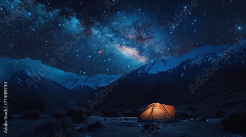 Modern tent camping under the starry sky with the Milky Way. Realistic.