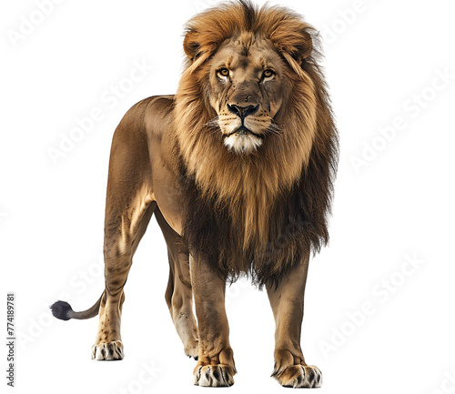 A majestic lion standing tall  full body shot  isolated on white background 