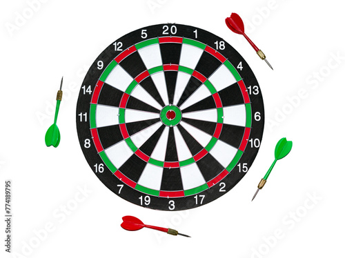 Dart board and four darts isolated on white background