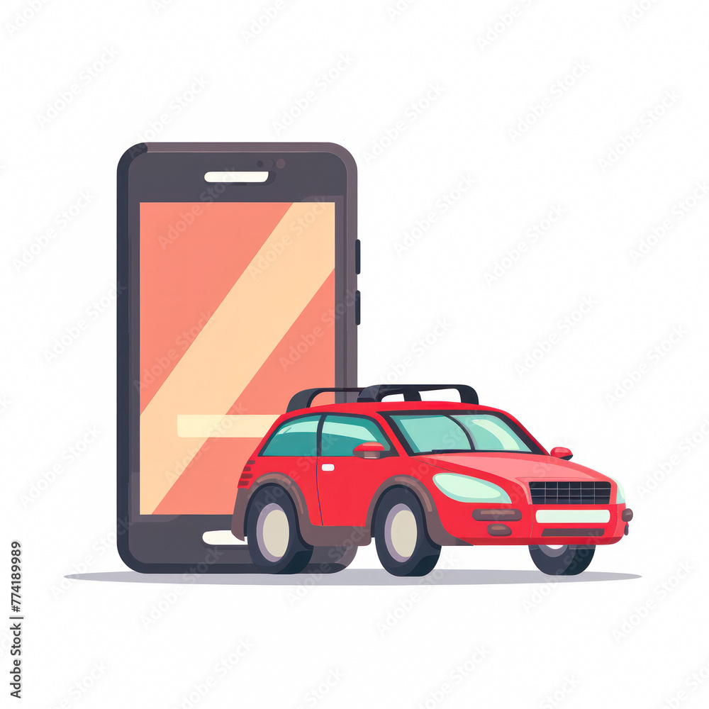 smart phone with a car icon. roadside assistance, car sharing, car rent, taxi app, car service, Car diagnostics, navigator, gps, remote start, logistic concept. Flat illustration