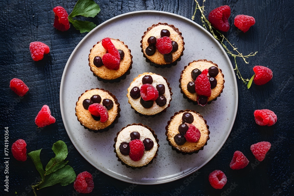 Delightful small cakes adorned with chocolate and raspberries on plate