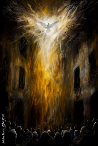 A illustration of a white dove flying, symbolising the Holy Spirit and Pentecost. Many people have gathered together.