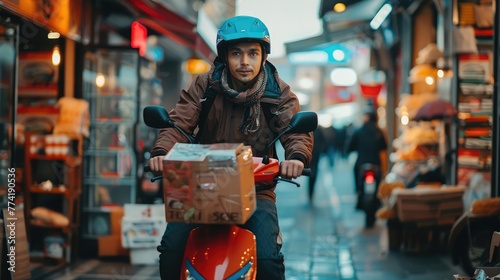 Young guy on a scooter delivers food to a customer through the air. Delivery concept.