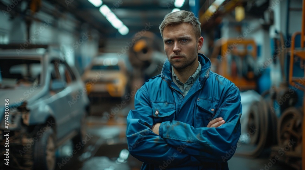 Fototapeta premium Handsome Car Mechanic is Posing in a Car Service. He Wears a Jeans Shirt. His Arms are Crossed. Specialist Looks at a Camera and Smiles.