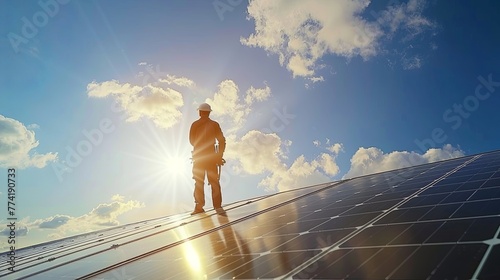 A solar panel technician meticulously inspecting the photovoltaic arrays on a large commercial rooftop, his focused work highlighted by the bright, overhead sun