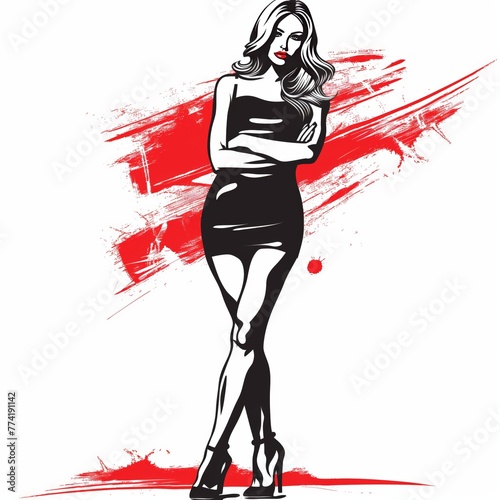 Graphic Woman in Black Dress with Red Strokes