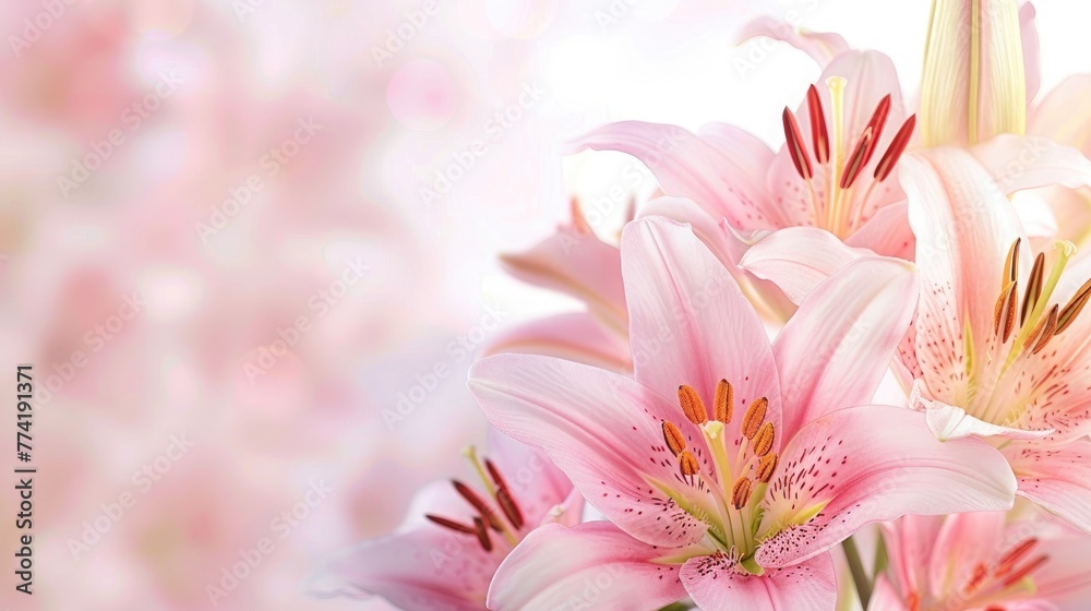 Pink lily background with copy space on white