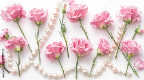 Pink eustoma flowers and pearls border isolated on white background