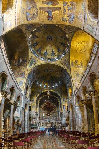 Golden wall with beautiful mosaic inside San Marco Basilica  Venice  Veneto  Italy
