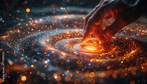 A hand is reaching out into a galaxy of stars by AI generated image