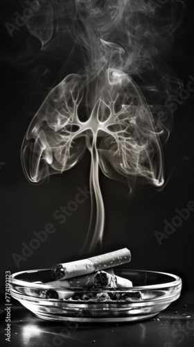 Ash tray with cigarette's smoke forming into the shape of lungs. Unhealthy dangers of smoking concept.