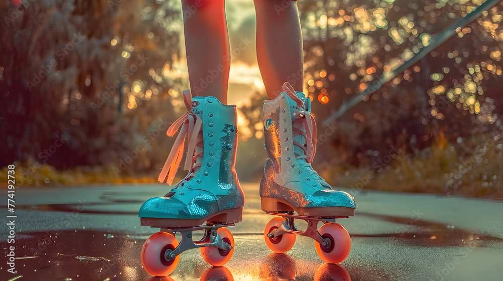 Beautiful long-legged girls pose on vintage roller skates in the park on a warm summer day - obrazy, fototapety, plakaty 