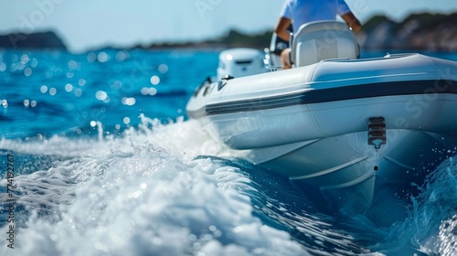 Proud male owner of a luxury speedboat sits at the steering wheel