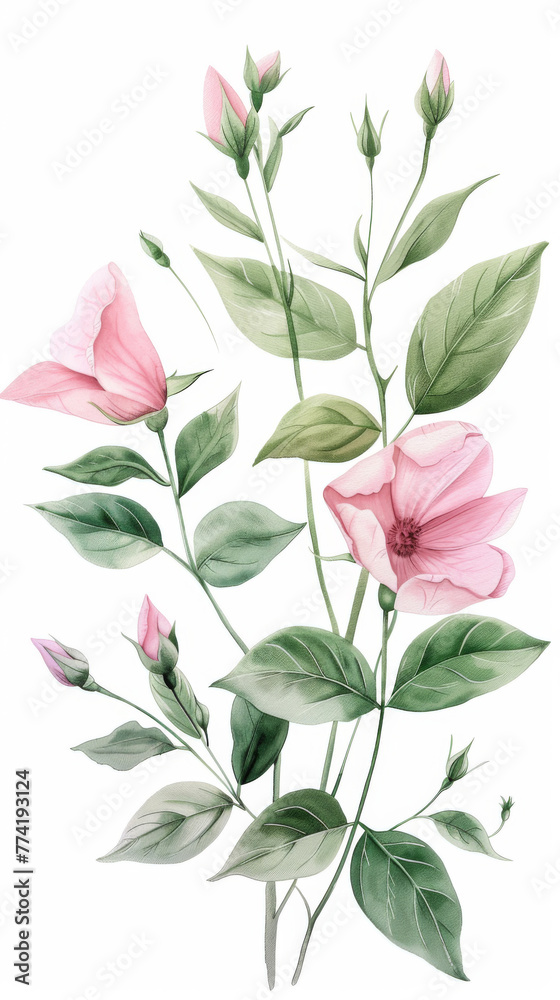 Vintage botanical illustration of pink flowers - A classic vintage illustration showing pink flowers and buds in full bloom with green leaves