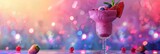 Refreshing pink frozen berry cocktail closeup - A detailed closeup of a delightful frozen berry cocktail with strawberries and blueberries, set against a bokeh background