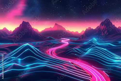 Synthwave style digital mountains and river - A neon-lit digital terrain with mountains and a flowing river in a synthwave style, showcasing vibrant pinks and blues