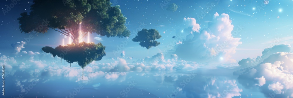 Fantasy Floating Islands With A Magical Tree A Serene Fantasy