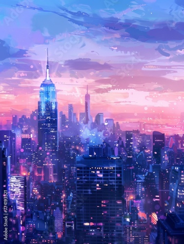 Dusk skyline with glowing city lights - A serene digital painting of a city skyline at dusk with vibrant colors and glowing city lights shining through the buildings