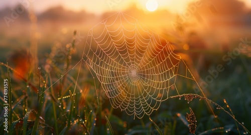Rural sunrise with rays of light piercing through the mist, illuminating a dew-covered spiderweb in the foreground.