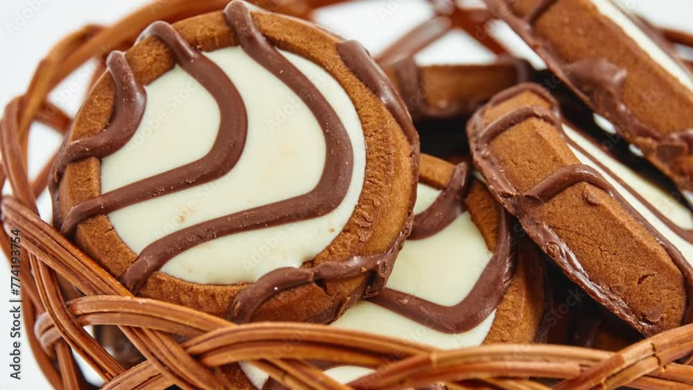 Gyration Round cookies with chocolate stripes and a white filling in a brown wicker basket on a white background. Gyration Round cookies with chocolate stripes and a white filling in a brown wicker basket on a white background.