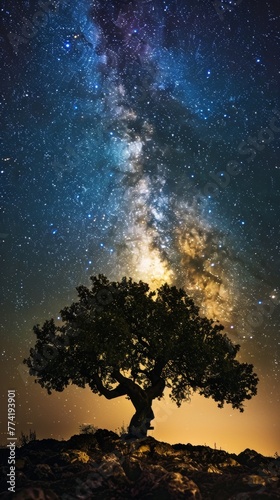 A lone tree stands against a starry night